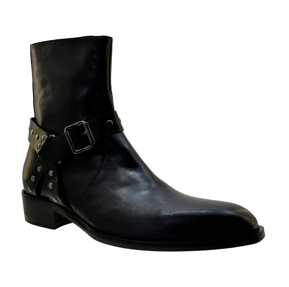 Men's Italian Shoes Jo Ghost 4942 Black Leather Harness Western Ankle Boots