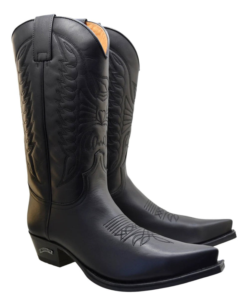 Men's Cowboy Boots Sendra 2073 Black Leather Cuban Heel Mid-calf Pull-up